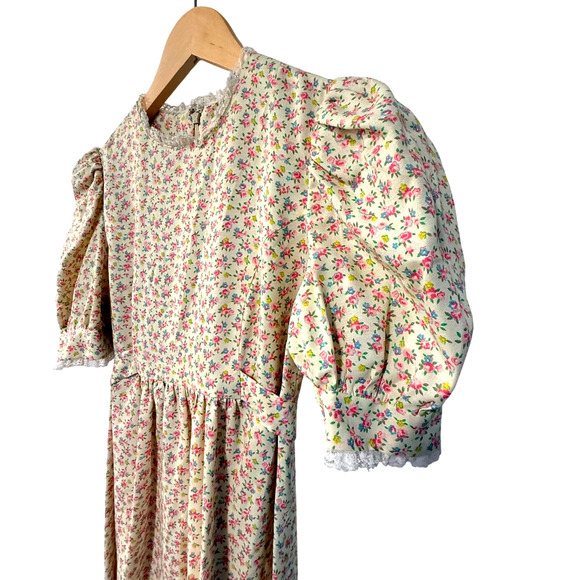 Vintage Cottagecore XS Puff Shoulder Prairie Dress Liberty Floral Butter Yellow - Picture 4 of 12